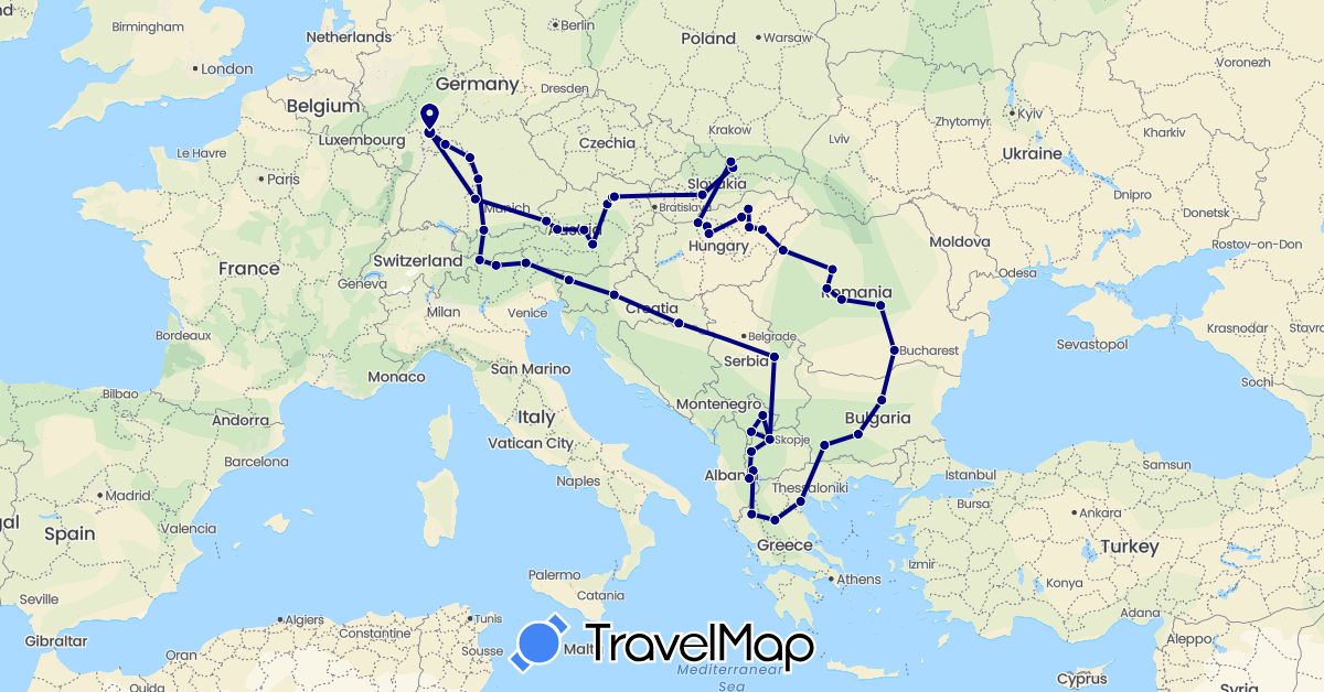 TravelMap itinerary: driving in Albania, Austria, Bulgaria, Germany, Greece, Croatia, Hungary, Italy, Macedonia, Poland, Romania, Serbia, Slovenia, Slovakia, Kosovo (Europe)